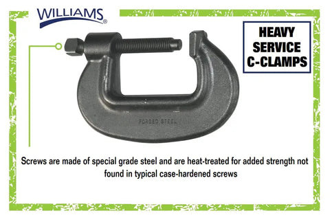 12 Inch Drop Forged C Clamp With 6 1/2 Inch Throat Depth And 7/8 Inch Screw Diameter, 9500 Lb Min Test Load, Copper Plated Screw Resists Weld Splatter, I Beam Design For Maximum Strength And Rigidity, displaying I-beam design and forged steel body