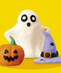Fresh Spooky Modeling Clay 30 Pack Fun Size Sticks sculpted ghost, pumpkin, and witch hat on a yellow background.
