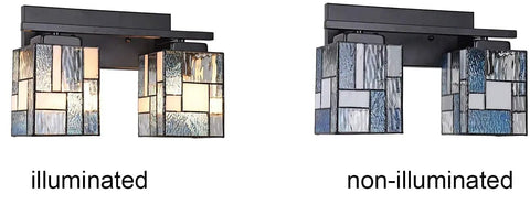 Tiffany Style 2 Light Wall Sconce With Hand Made Stained Glass Shade, illuminated and non-illuminated views.