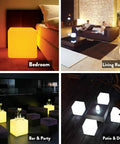 14 Inch Color Changing LED Cube Light Stool Glow Cube Seat For Home Patio Garden Bar Pool Parties Mood Lighting shown in various settings