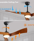 52" Modern Wood Ceiling Fan with Dimmable LED Light showing summer and winter airflow direction, featuring 3 hand-carved solid wood blades.