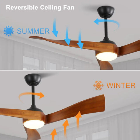 52" Modern Wood Ceiling Fan with Dimmable LED Light showing summer and winter airflow direction, featuring 3 hand-carved solid wood blades.