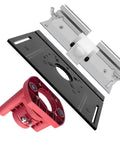 Rock Solid Router Table Lift System With Smooth One Point Eight Inch Travel Premium Aluminum And Stainless Steel Mounting Plate upgrade showing components including black and red parts.