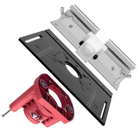 Rock Solid Router Table Lift System With Smooth One Point Eight Inch Travel Premium Aluminum And Stainless Steel Mounting Plate upgrade showing components including black and red parts.