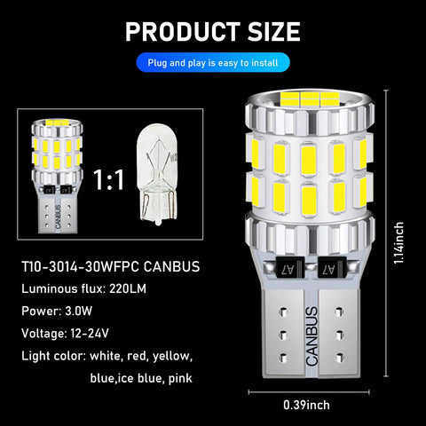 Pack Of 2 Car Wide Led Lights 3W Bulbs Aluminum Reading Lights License Plate Lights Instrument Panel Lights Auto Bulb Replacements Universal Fit For Most Cars, Trucks, SUVs White product size and dimensions