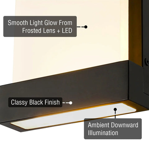 Close-up of Slick 24 Inch Vanity Light With Three LED Sconce Bars showcasing frosted lens, black finish, and warm glow