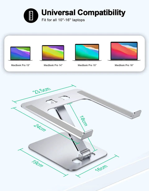 Foldable Laptop Stand With Height Adjustable Ergonomic Riser, Aluminum Portable Desk Mount with dimensions for 10 to 16 inch laptops