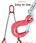 Close-up of Beefy 2 Ton Grade 80 Alloy Steel Chain Sling, 5 ft long, 2-leg with red sling hooks for heavy lifting applications.