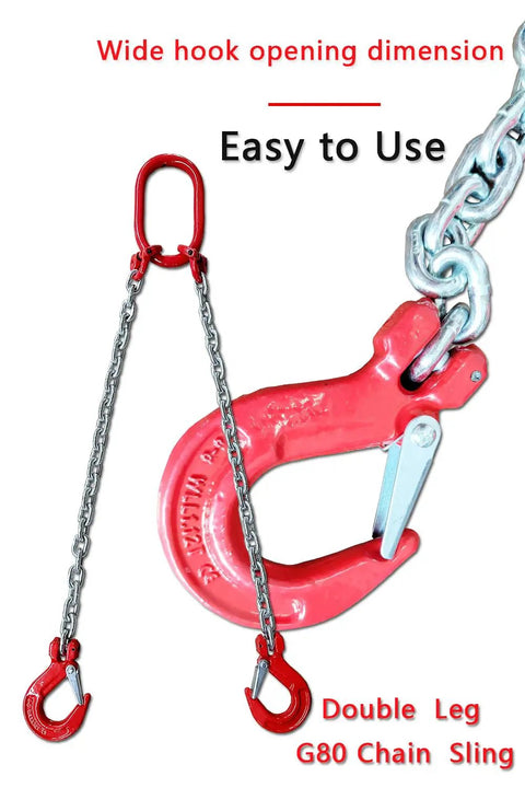Close-up of Beefy 2 Ton Grade 80 Alloy Steel Chain Sling, 5 ft long, 2-leg with red sling hooks for heavy lifting applications.