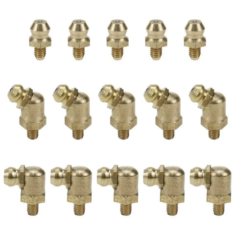 Pro Grade Metric Brass Grease Nipple Assortment Kit 15 Pieces M4 Straight 45 Degree 90 Degree Angled Zerk Fittings