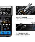 Front panel of 4 Channel Mini DJ Audio Mixer Interface With MP3 USB Bluetooth Dope Stereo Recording 48V Phantom Power 99 DSP highlighting inputs.