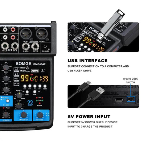 Front panel of 4 Channel Mini DJ Audio Mixer Interface With MP3 USB Bluetooth Dope Stereo Recording 48V Phantom Power 99 DSP highlighting inputs.