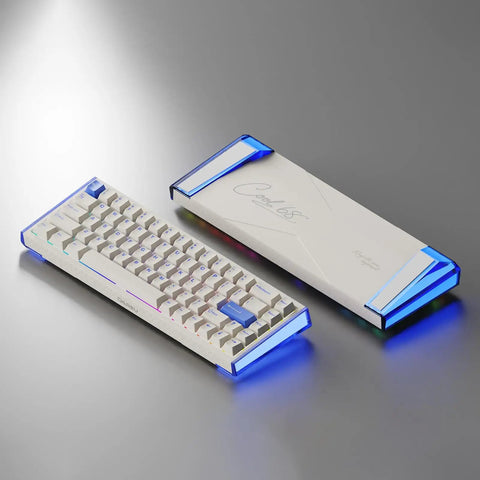 65 Percent Layout Hall Effect Magnetic Switch Mechanical Gaming Keyboard With 8000Hz Polling Rate smooth white design and blue backlit edges.