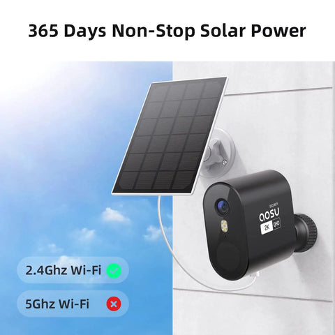 Solar Powered Outdoor Security Camera Wireless 2K HDR Video Spotlight And Siren AI Detection with solar panel on building