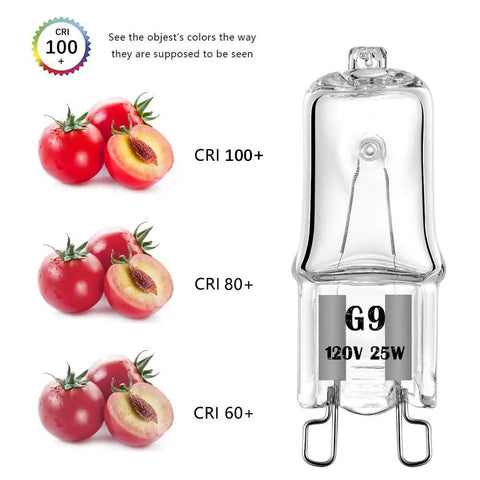 G9 Halogen Bulb 120V 25W T4 Type 2 Pin Base, Dimmable Warm White 2700K, CRI comparison with fruits shown