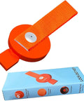 Surge brake lockout key with heavy-duty orange strap, front view; packaging box visible