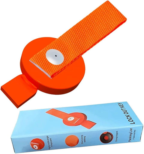 Surge brake lockout key with heavy-duty orange strap, front view; packaging box visible