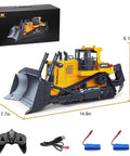 11 Channel Remote Control Bulldozer Toy With Lights And Sound 1/16 Scale Front Loader Dozer, controller, batteries, and packaging
