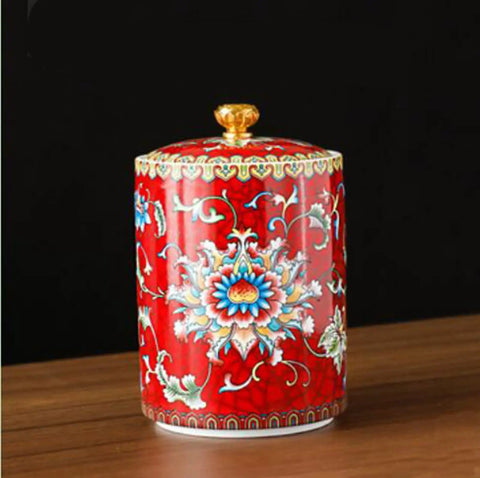 Premium Ceramic Tea And Coffee Canisters Keep Your Daily Stash Locked Down With True Airtight Sealed Lids Designed To Preserve Crisp Flavor While Adding Sleek Vintage Chinese Vibe To Any Kitchen Setup, red decorative canister with floral design and golden lid.