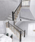 Premium Aluminum Balusters And Hollow Stair Spindles Featuring A Sleek Black And Gold Finish in a modern staircase setting.