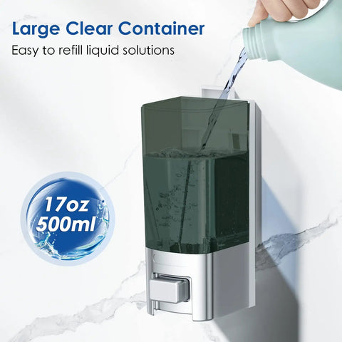 Robust Wall Mount Manual Soap Dispenser 17 Oz Large Capacity Refillable Pump For Kitchen And Bathroom with clear container.