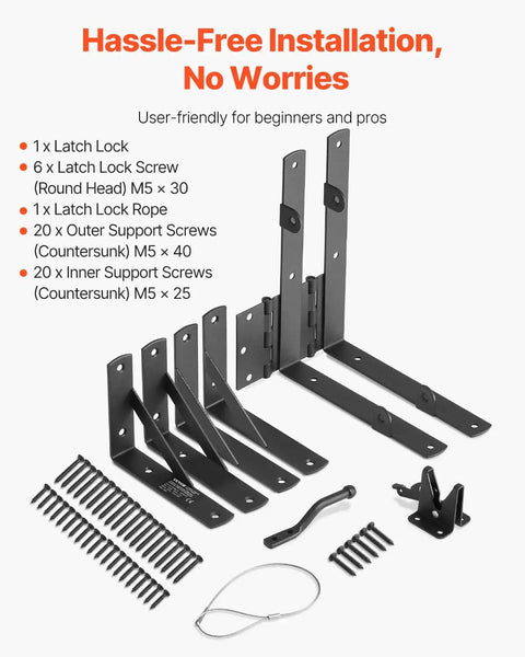 Anti Sag Gate Corner Brace Bracket Kit With Latch Lock For Shed Doors, Corral And Driveway Gates, black hardware pieces.