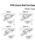 PMI Linear Rail Carriage slider type models MSB-E, MSB-TE, MSB-S, MSB-TS for CNC machines and 3D printers.