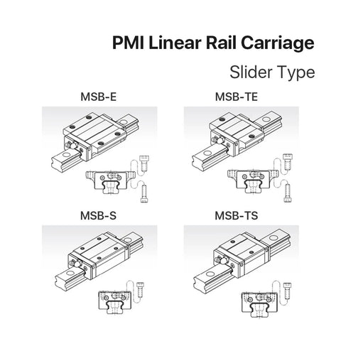 PMI Linear Rail Carriage slider type models MSB-E, MSB-TE, MSB-S, MSB-TS for CNC machines and 3D printers.