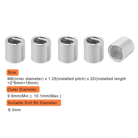 Stainless Steel M8 Helicoil Threaded Inserts Kit, 1.25 Pitch, 2D Length, 100 Pieces, Heavy Duty Thread Repair For Aluminum And Magnesium