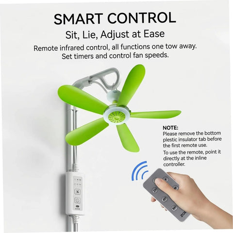 Ceiling Fan - 16.5in USB Hanging Fan with Remote 5 Soft Blades Quiet showing green blades, remote control, and timer settings.
