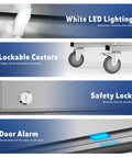 Heavy Duty Twenty Seven Inch Commercial Freezer Nineteen Point Three Two Cubic Feet features white LED lights, lockable casters, safety lock, and door alarm.