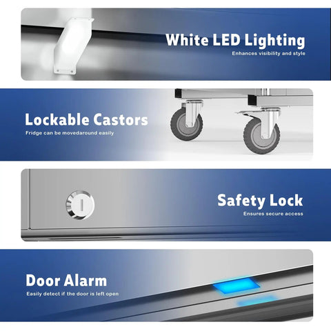 Heavy Duty Twenty Seven Inch Commercial Freezer Nineteen Point Three Two Cubic Feet features white LED lights, lockable casters, safety lock, and door alarm.