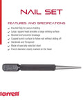 Heavy Duty Nail Set With Large Square Head Beveled End And Knurled Grip For Secure Holding No Slip Grip Hardened And Tempered Steel 4 Inch Length 1/16 Inch Punch Diameter 800B product image and features list
