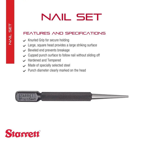 Heavy Duty Nail Set With Large Square Head Beveled End And Knurled Grip For Secure Holding No Slip Grip Hardened And Tempered Steel 4 Inch Length 1/16 Inch Punch Diameter 800B product image and features list