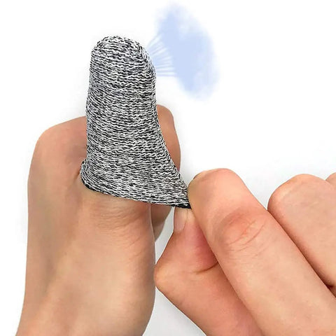 Close-up of a person wearing a grey 12 Piece Finger Cots Set Cut Resistant Protectors, Non Slip HPPE Fabric Finger Covers