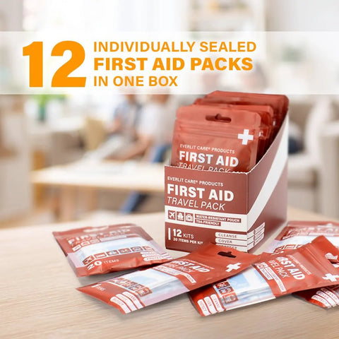 Everlit Care First Aid Travel Pack box with 12 red individually sealed kits