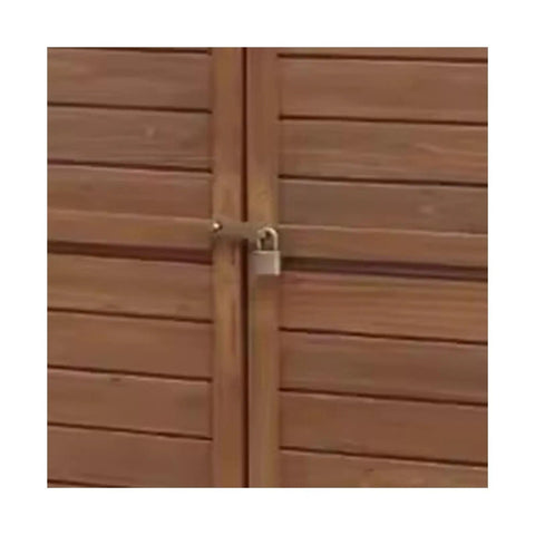 Lock mechanism on Massive Outdoor Storage Cabinet Crafted From Top Shelf Natural Cedar For Yard Gear And Hand Tools Weather Resistant Structure.