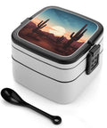 Two Tier Bento Box For Work And Travel, Leakproof Microwave Safe Lunch Container With Hidden Handle, 1000 ML Capacity, Desert Cactus Theme