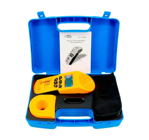 Non Contact Ultrasonic Cable Height Meter with Auto Temperature Compensation in blue case, measures 23 m, accessory included