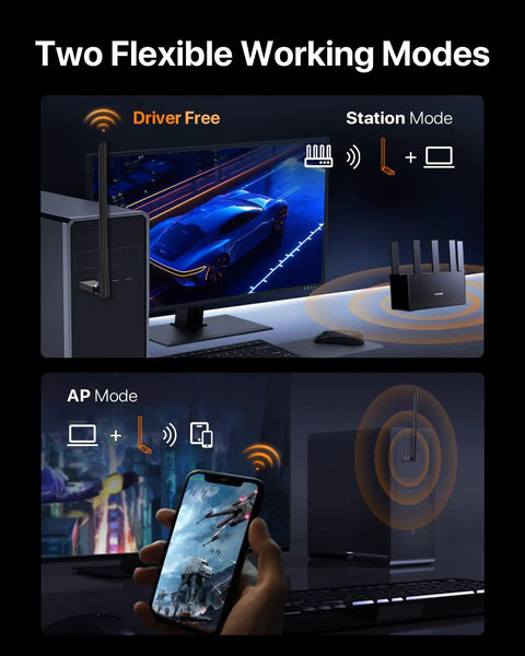 AX900 Ultra Fast WiFi 6 USB Adapter showing driver free and station modes with high gain antenna for gaming and streaming