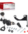 Universal Adjustable Knob Proportioning Valve Kit For Brake Lines With Master Cylinder Adapter and OEM replacement parts 26011179 and 26013190 on display.