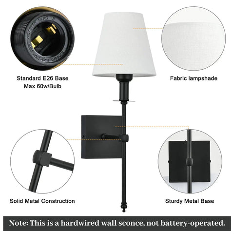 Industrial Rustic Wall Sconces Set Of 2 Hardwired Wall Lamps With Fabric Shades Black Finish Vanity Lighting features diagram