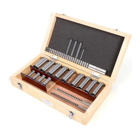 Open case of Keyway Broach Kit 22 Pc Set with 4 broaches, 5 shims, 13 bushings, high speed steel tools for precise keyways.