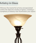 Bronze Floor Lamp With Glass Alabaster Swirl Amber Shade close-up, highlighting elegant design and soft glow for cozy living spaces.