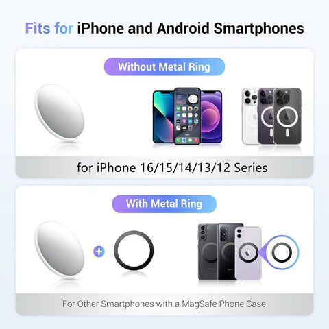 2.2 Inch Magnetic Selfie Mirror For Rear Camera Wide Angle Convex Lens On Iphone 17 Air 16 15 14 13 12 Series with metal ring shown with smartphones.