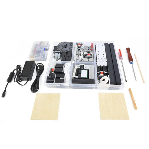 FTVOGUE Z8000M Mini Lathe components in a clear storage case, including parts for precision machining and various tools.