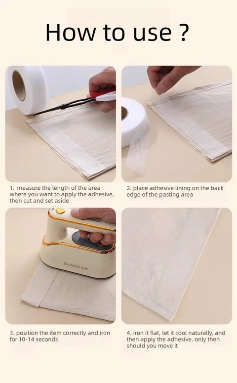 Instructions for using Easy No Sew Hemming Tape Fabric Adhesive DIY Friendly For Quick Hem Fixes On Pants Jeans Curtains And Dresses