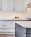 10 Pack Brushed Satin Nickel Cabinet Pulls, 6-1/4 Inch Hole Center installed on white kitchen cabinets