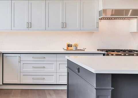 10 Pack Brushed Satin Nickel Cabinet Pulls, 6-1/4 Inch Hole Center installed on white kitchen cabinets
