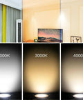 Narrow Frame LED Recessed Downlight illuminating walls with 6000K, 3000K, and 4000K light temperatures in a living room setting.